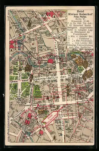 AK Berlin, Hotel Kleiner Kaiserhof, Krausenstrasse 67-68, Lageplan