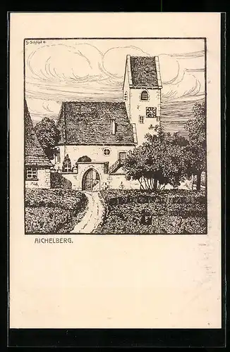 Künstler-AK Aichelberg, Darstellung der Kirche