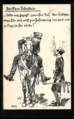 Künstler-AK Berittene Infanterie, Soldatenhumor