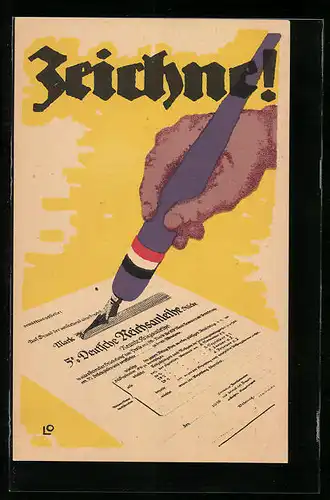 AK Hand mit Federhalter zeichnet Kriegsanleihe