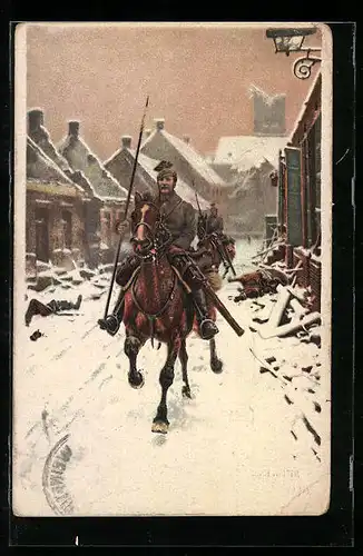 Künstler-AK Kavalleristen auf Patrouille in einer schneebdeckten Ortschaft