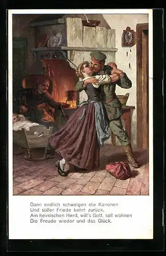 Künstler-AK Soldatenliebe - Soldat tanzt mit Mädchen in der Stube