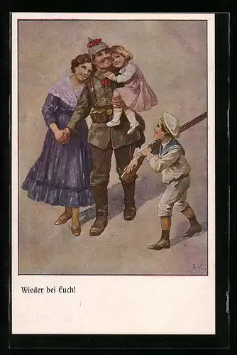 Künstler-AK Heimkehrender Soldat wird von der Familie empfangen, Soldatenliebe