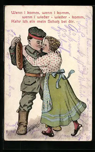 Künstler-AK Tanzendes Paar, Soldatenliebe