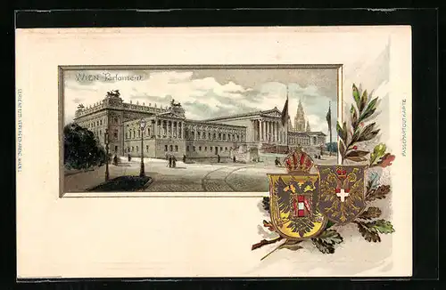 Präge-Lithographie Wien, Parlament, Freitreppe, Vorplatz, Wappen