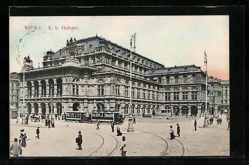 AK Wien, Oper, Ortspartie mit Strassenbahn