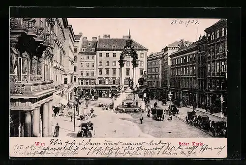 AK Wien, Hoher Markt mit Denkmal und Droschken