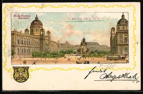 Lithographie Wien, Maria Theresien Platz mit Monument, Wappen