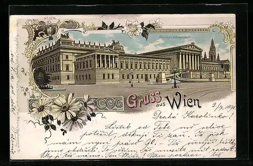 Lithographie Wien, Reichsrathsgebäude mit Strasse