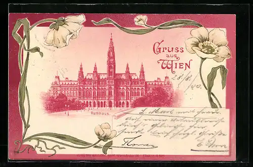 Passepartout-Lithographie Wien, Rathaus, Gebäudeansicht, Blumen