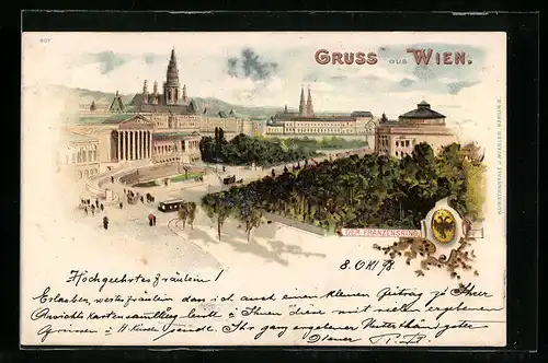 Künstler-Lithographie Wien, Franzensring mit Gebäude-Panorama, Wappen