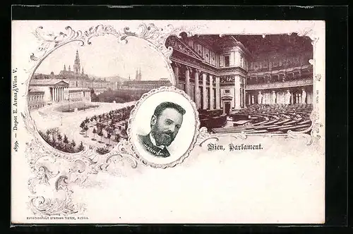 AK Wien, Parlament, Gebäudeansicht mit Strasse, Innenansicht, Portrait Hannich