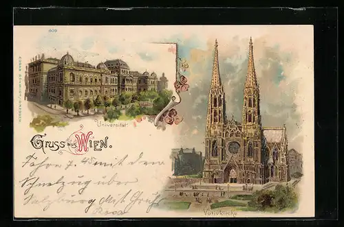 Lithographie Wien, Universität und Votivkirche