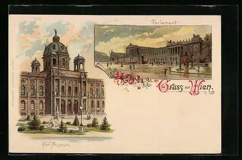 Lithographie Wien, Hof-Museum und Parlament