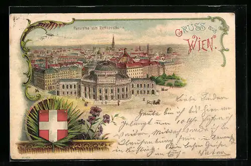 Lithographie Wien, Panorama vom Rathausthurm, Wappen