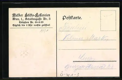 AK Wien, Gasthaus Melker Stiftskeller, Schottengasse 3, Urkunde mit Siegel, Innenansicht