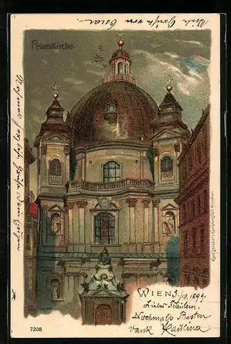Lithographie Wien, Peterskirche gegen den Abendhimmel
