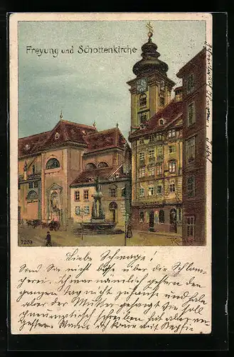 Lithographie Wien, Freyung und Schottenkirche