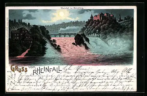 Lithographie Schaffhausen, Rheinfall mit Schloss Laufen bei Nacht
