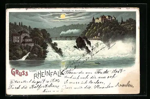 Lithographie Rheinfall bei Mondschein