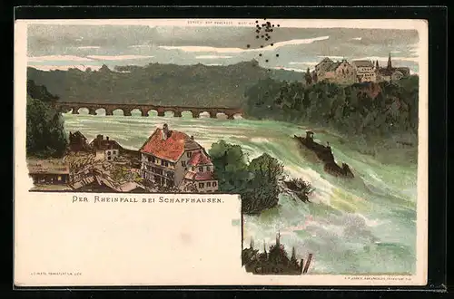 Lithographie Schaffhausen, Rheinfall und Schloss