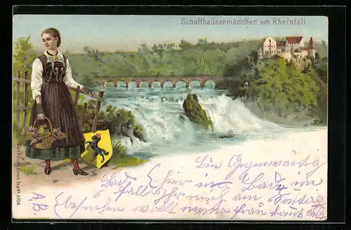 Lithographie Schaffhausen, Schaffhauser Mädchen in Tracht am Rheinfall