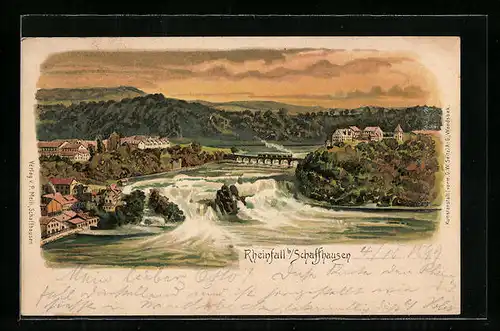 Lithographie Schaffhausen, Rheinfall mit Eisenbahnbrücke