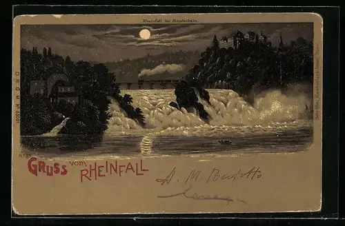 Lithographie Rheinfall bei Mondschein