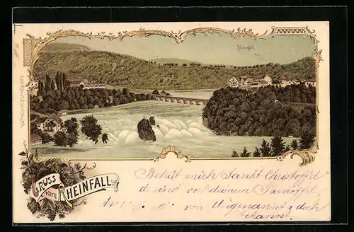 Lithographie Rheinfall mit Eisenbahnbrücke