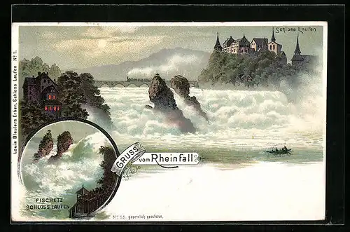 Lithographie Rheinfall, Schloss Laufen, Fischetz