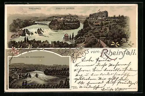 Lithographie Rheinfall mit Schloss Laufen