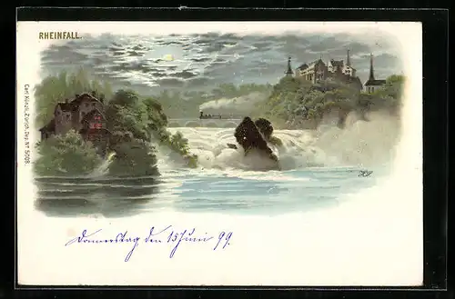 Lithographie Schaffhausen, Rheinfall bei Nacht