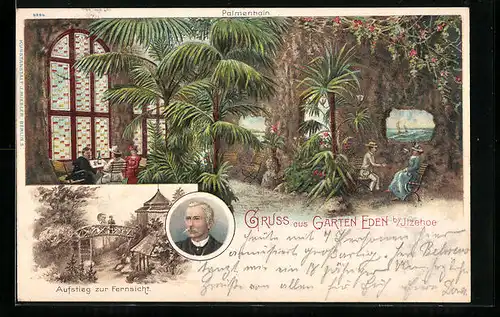 Lithographie Itzehoe, Gasthaus Garten Eden und Palmenhain, Aufstieg zur Fernsicht