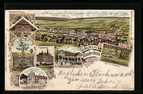 Lithographie Gandersheim, Gasthaus Waldschlösschen, Wilhelm Augusta Stift, Progymnasium