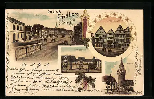 Lithographie Friedberg i. H., Alte Häuser, Eingang der Burg, Adolfsturm