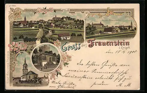 Lithographie Frauenstein i. Erzgeb., Shcloss und Ruinemit Kirche, Kirche und Marktplatz, Parkschlösschen