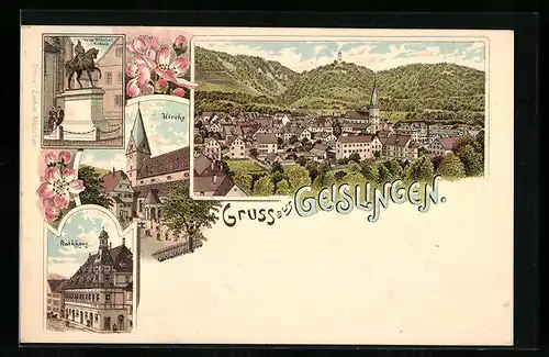 Lithographie Geislingen, Kirche, Rathaus, Kaiser Wilhelm I. Denkmal