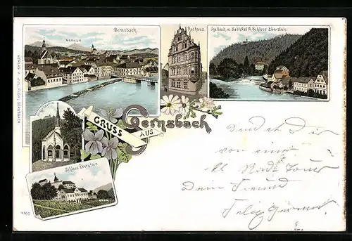 Lithographie Gernsbach, Igelbach mit Badhotel & Schloss Eberstein, Rathaus, Klingelkapelle
