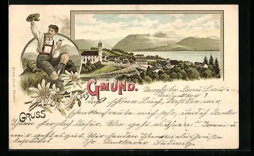 Lithographie Gmund, Teilansicht mit Kirche, Mann mit Tabakspfeife