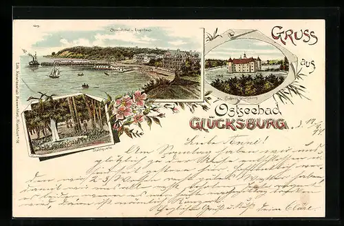 Lithographie Glücksburg, Ostseebad, Strandhotel und Lorgierhaus, Schloss Glücksburg, Stahlquelle