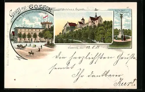 Lithographie Goseck, Gasthaus zum Bergschlösschen, Schloss Goseck, Krieger-Denkmal