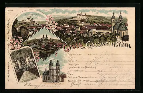 Lithographie Gössweinstein, Burg Gössweinstein, Kirche, Innenansicht