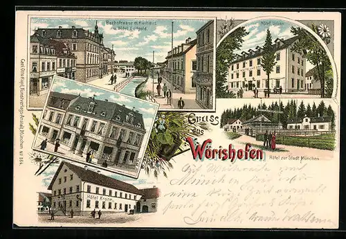 Lithographie Wörishofen, Hotel zur Stadt München, Hotel Urban, Hotel Krone