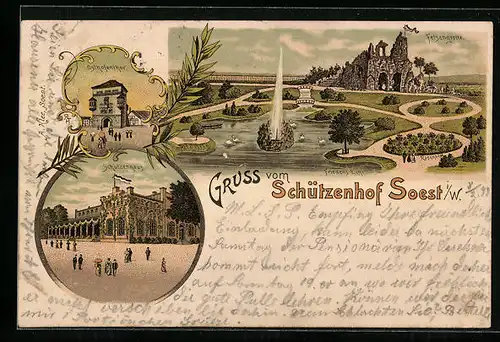 Lithographie Soest i. W., Schützenhaus, Felsengrotte, Osthofentor