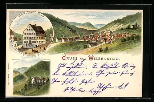 Lithographie Wiesensteig, Gasthof zum Lamm, Malakoff, Teilansicht