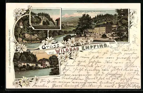 Lithographie Wildbad Empfing, Hotel Wildbad Empfing Gesamtansicht, Seitenansicht, Windschnur-Partie