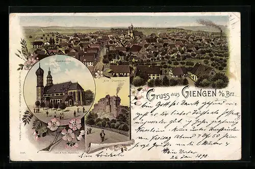 Lithographie Giengen a. d. Brz., Stadtkirche, Alte Stadtmauer