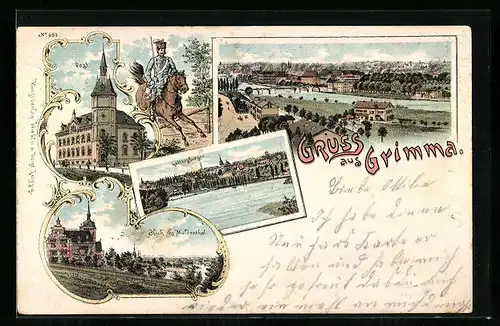 Lithographie Grimma, Gattersburgen, Post, Blick ins Muldenthal