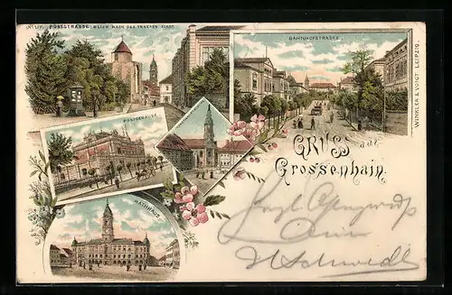 Lithographie Grossenhain, Postgebäude, Rathaus, Bahnhofstrasse