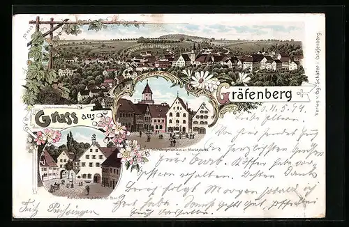 Lithographie Gräfenberg, Teilansicht, Rathaus und Egloffsteiner Tor, Wolfsbergerschloss am Marktplatze